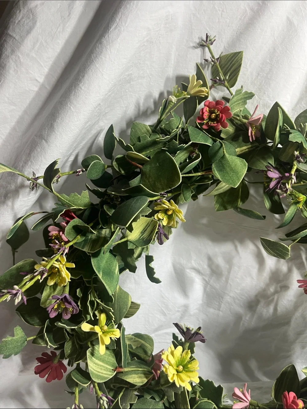 Spring Floral Green Wreath with Pink, Yellow and Purple Flowers